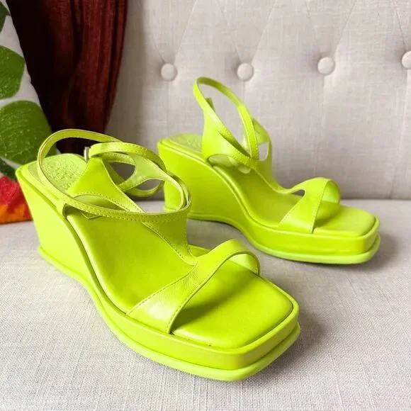 Vince Camuto Acid Lime Green Wedge Platform Leather Sandals - Picture 3 of 10